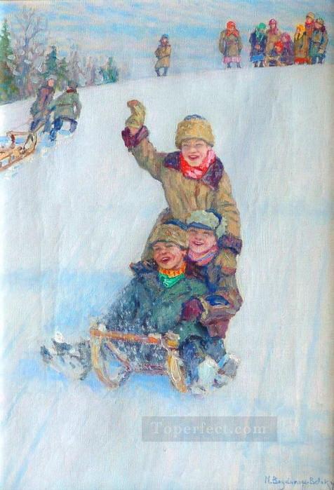 山からスケート ニコライ・ボグダノフ・ベルスキー油絵